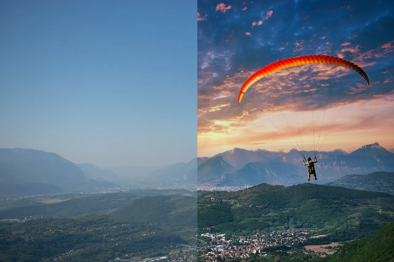 Before and after editing: paraglider above an alpine valley