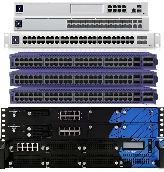 Rack of UniFi and Extreme Networks switches